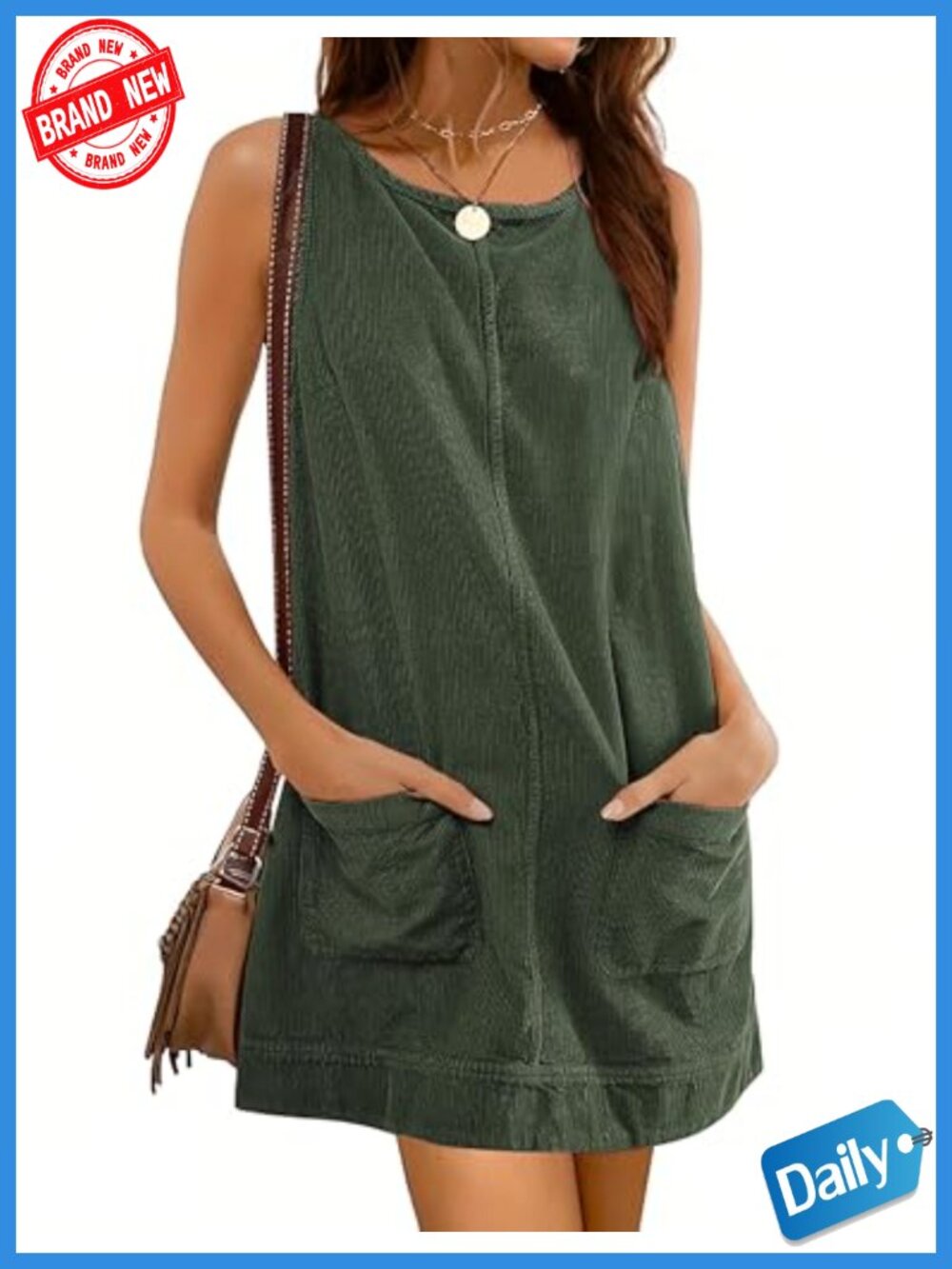 Women's Corduroy Overall Dress Sleeveless A-Line Mini Jumper with Pockets